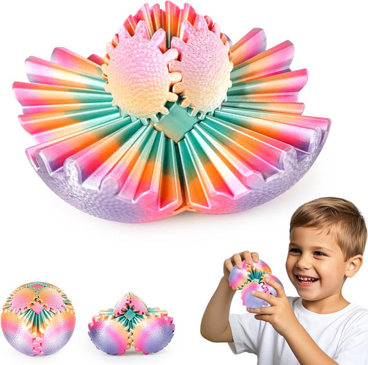 3D printed gear sphere fidget toy with textured surface and interlocking gears held in a hand
