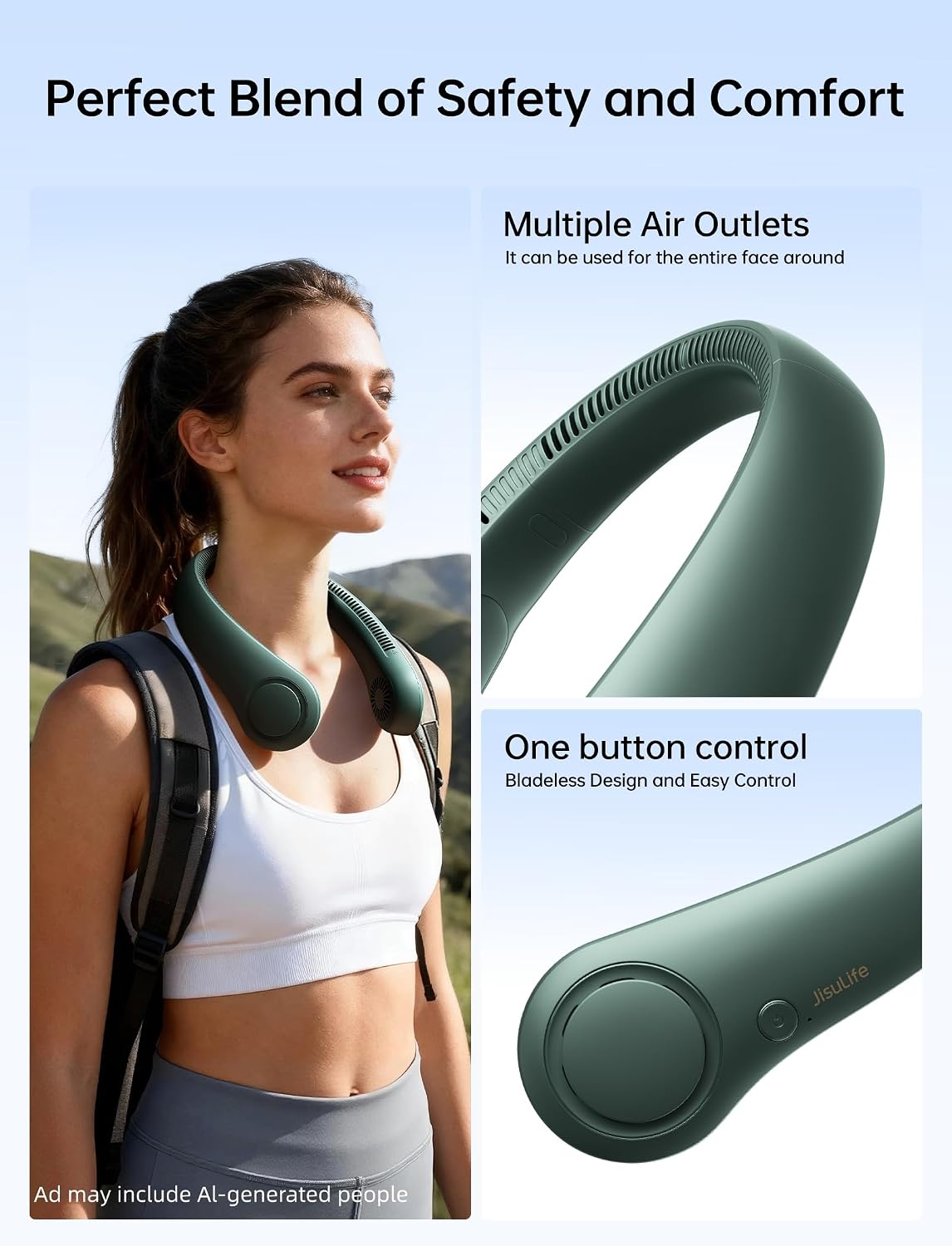 JISULIFE Portable Neck Fan – Hands-Free Bladeless Wearable Personal Fan