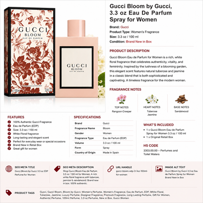Gucci Bloom by Gucci, 3.3 oz Eau De Parfum Spray for Women