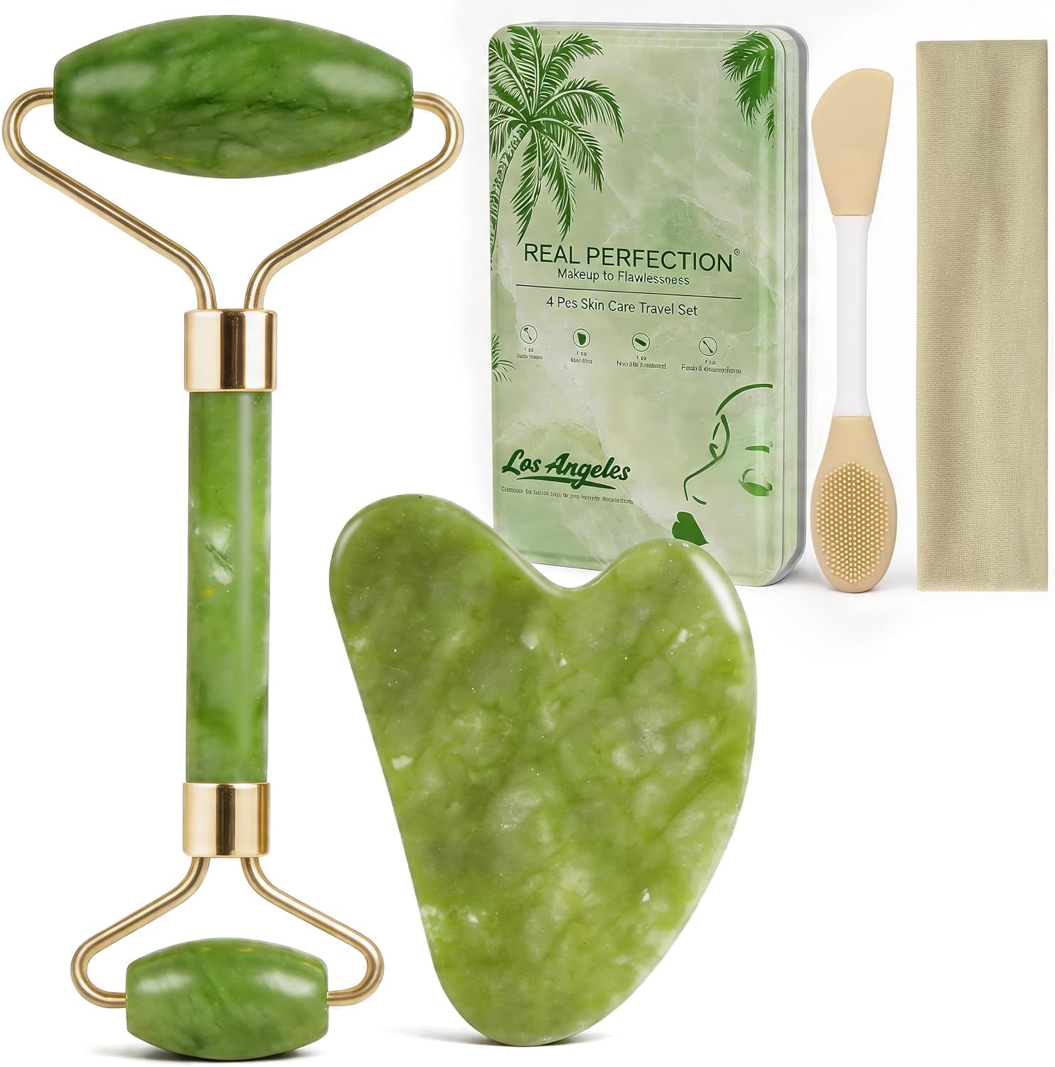Green jade roller and gua sha facial tools set with scrubber and headband