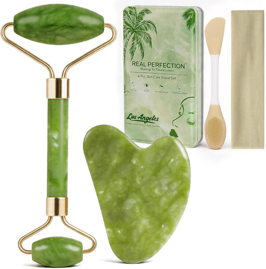 Green jade roller and gua sha facial tools set with scrubber and headband