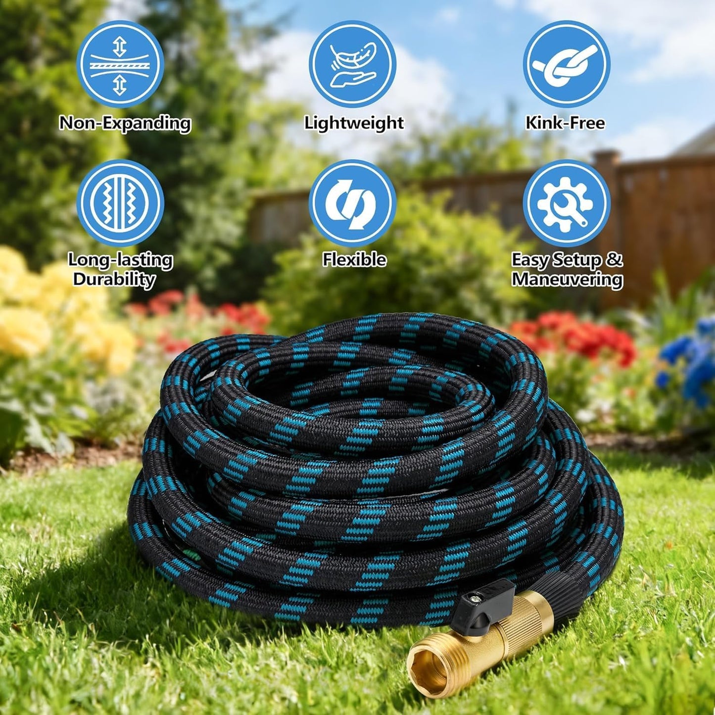 50 FT Non-Expandable Garden Hose – Lightweight Flexible Water Hose with 10-Function Sprayer