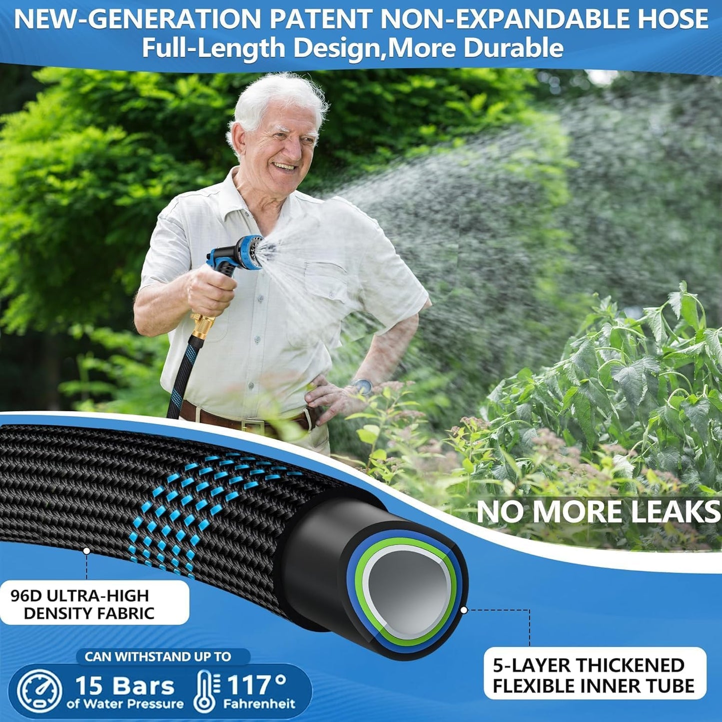 50 FT Non-Expandable Garden Hose – Lightweight Flexible Water Hose with 10-Function Sprayer