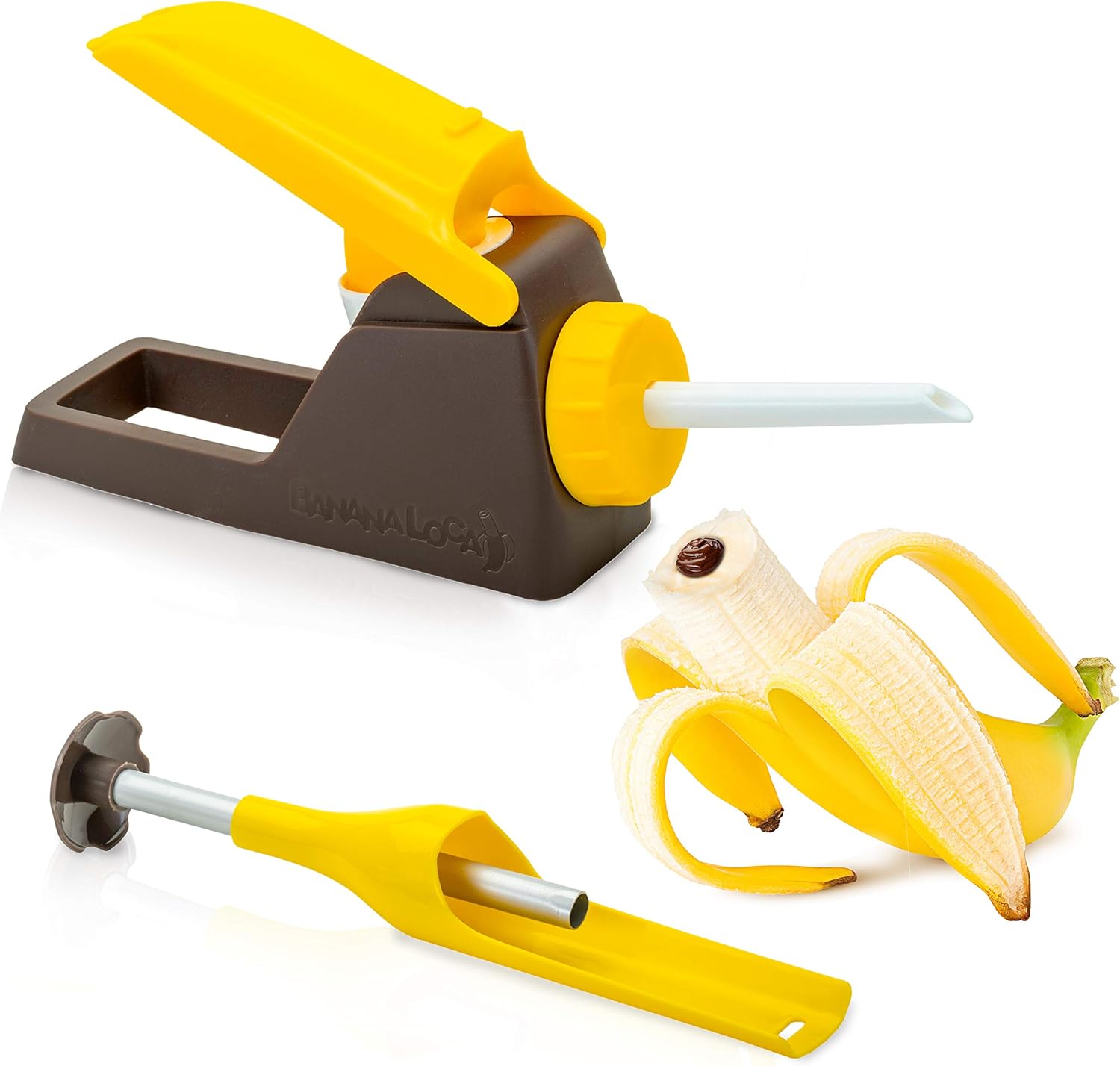 Banana Loca kitchen gadget coring and filling a banana in its peel with spread