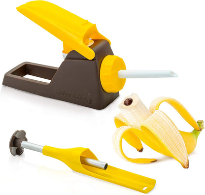 Banana Loca kitchen gadget coring and filling a banana in its peel with spread
