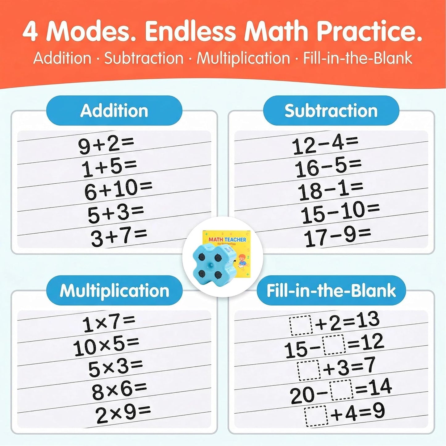 Math Roller Stamp 4-in-1 – Kids Addition, Subtraction & Multiplication Practice Tool (Blue)