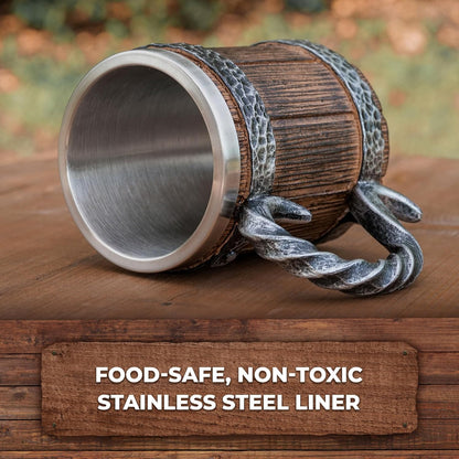 Stainless Steel Beer Tankard 20 oz – Tavern Style Mug with Wood & Iron Look