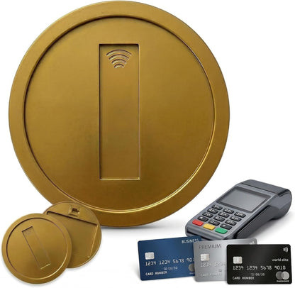 Gold coin card holder open showing hidden card slot