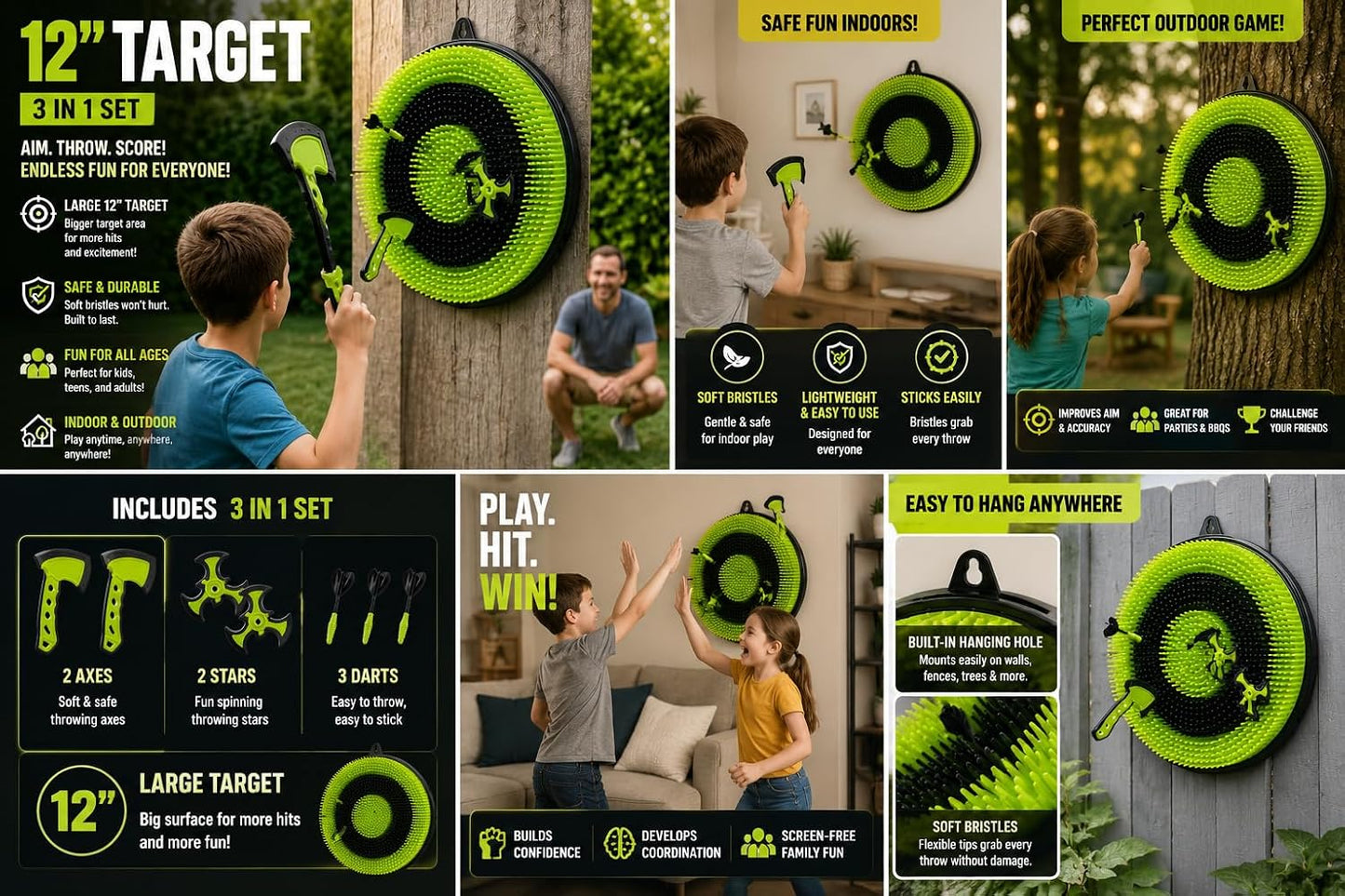 Leeray 3-in-1 Bristle Target Board Game – Axe Throwing Set for Kids Ages 6+