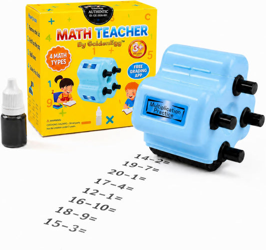 Blue 4-in-1 math roller stamp for kids addition subtraction and multiplication practice