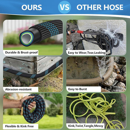 50 FT Non-Expandable Garden Hose – Lightweight Flexible Water Hose with 10-Function Sprayer