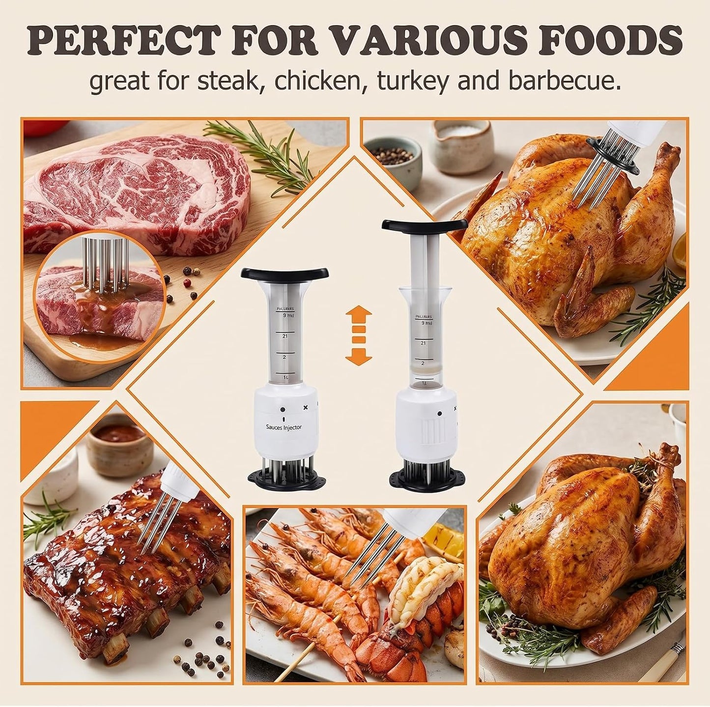 Meat Injector & Tenderizer – Stainless Steel Marinade Sauce Injector Kit
