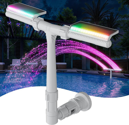 Solar powered floating pool fountain with color-changing LED lights and waterfall spray