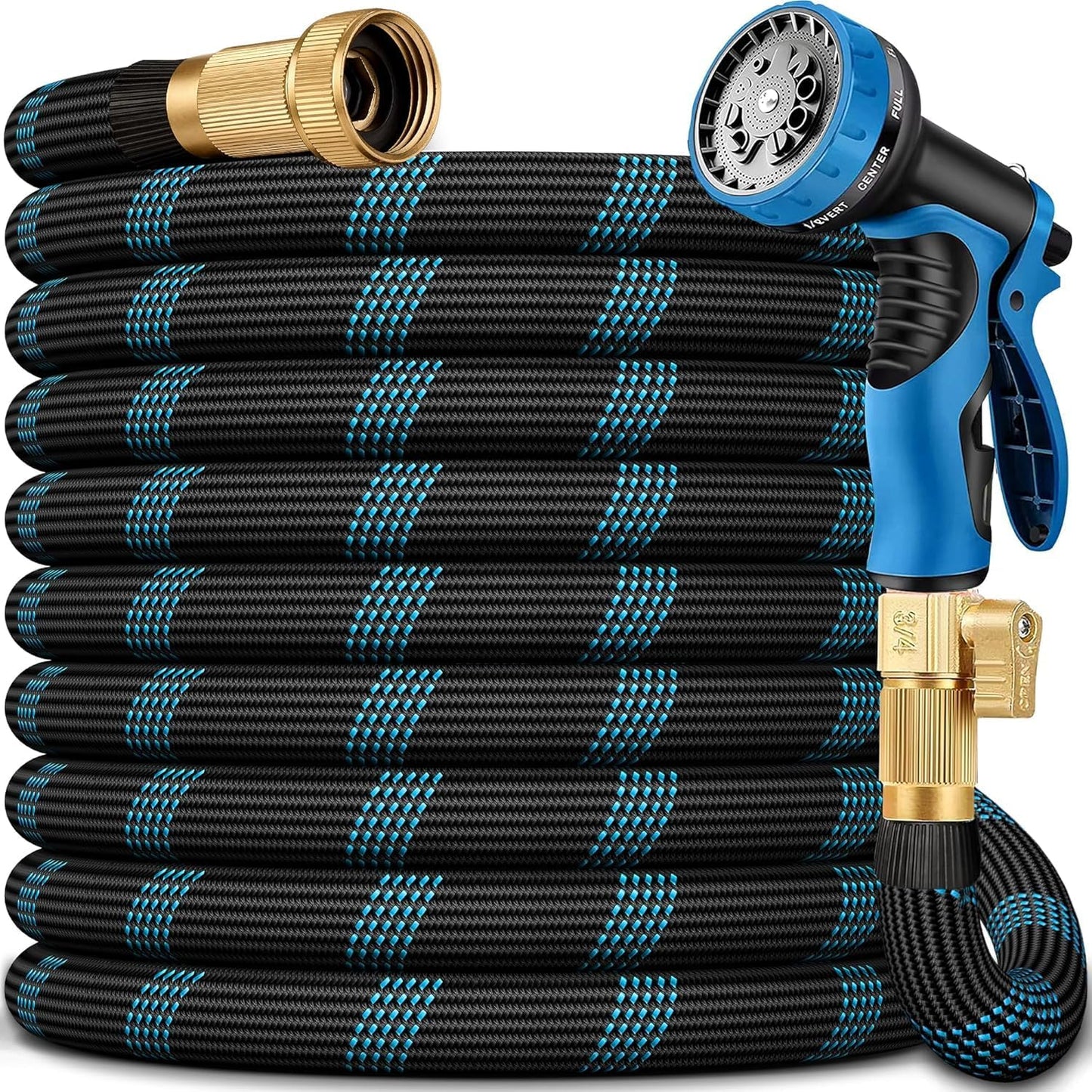 50 ft non-expandable flexible garden hose with 10-function spray nozzle in a yard