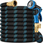50 ft non-expandable flexible garden hose with 10-function spray nozzle in a yard
