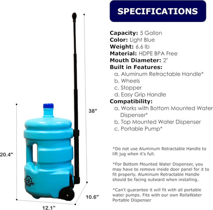 5 Gallon Rolling Water Jug – Portable Hydration Container with Wheels & Handle