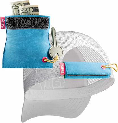 FattyPack mini fanny pack water-resistant tri-fold pocket wrapped around a hat strap for keys, cash and essentials