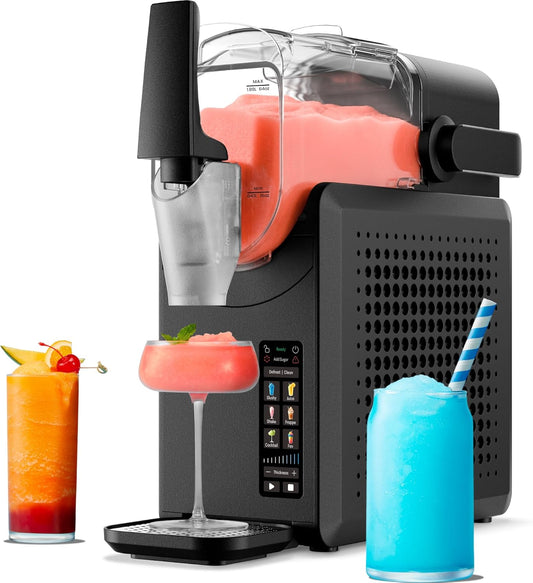 Countertop slushy machine with 90 oz tank making a frozen drink with dispensing lever