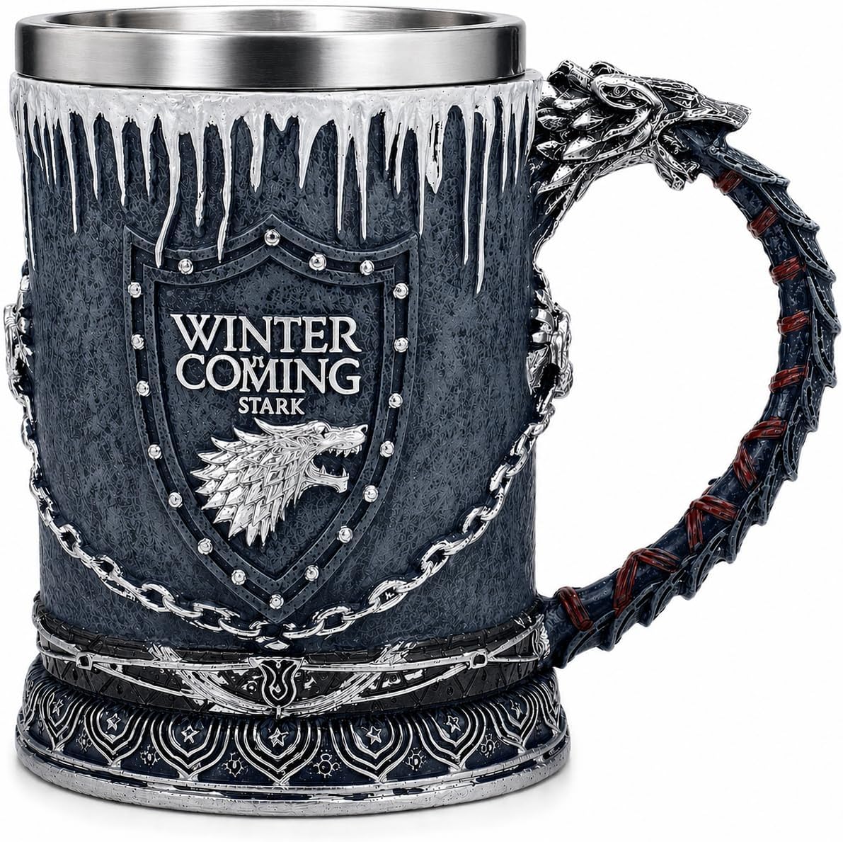 Viking horn style beer mug with 3D resin design and stainless steel interior, personalized engraved tankard for beer and coffee