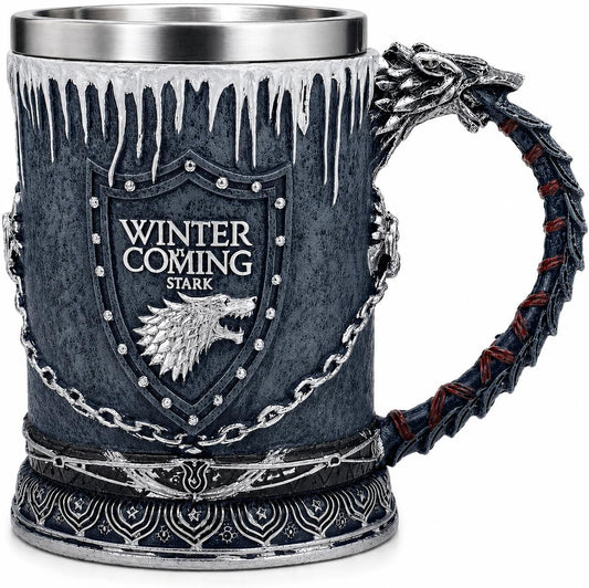 Viking horn style beer mug with 3D resin design and stainless steel interior, personalized engraved tankard for beer and coffee
