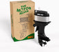 Motor Mixer wind-up drink stirrer shaped like a vintage outboard boat motor in a coffee cup