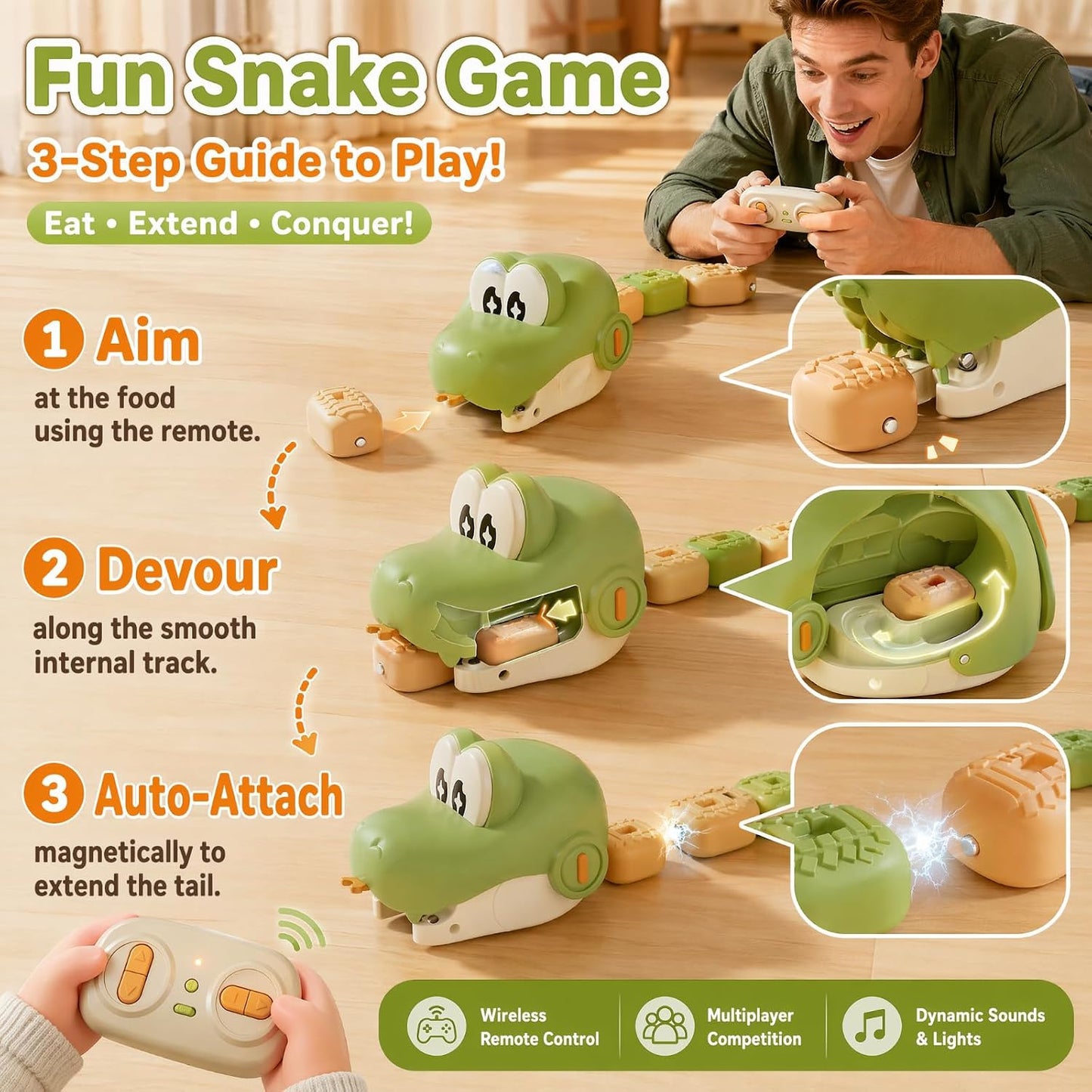 Remote Control Magnetic Snake Toy – Light-Up Eating Snake Game for Kids