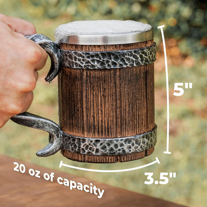 Stainless Steel Beer Tankard 20 oz – Tavern Style Mug with Wood & Iron Look
