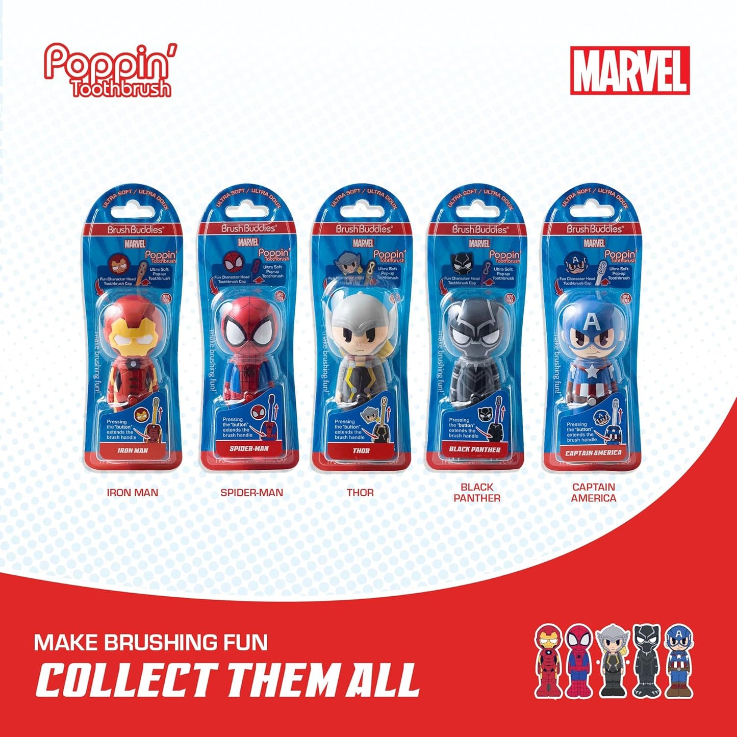 Marvel Kids Toothbrush with Pop Cover – Brush Buddies Soft Bristle Toothbrush