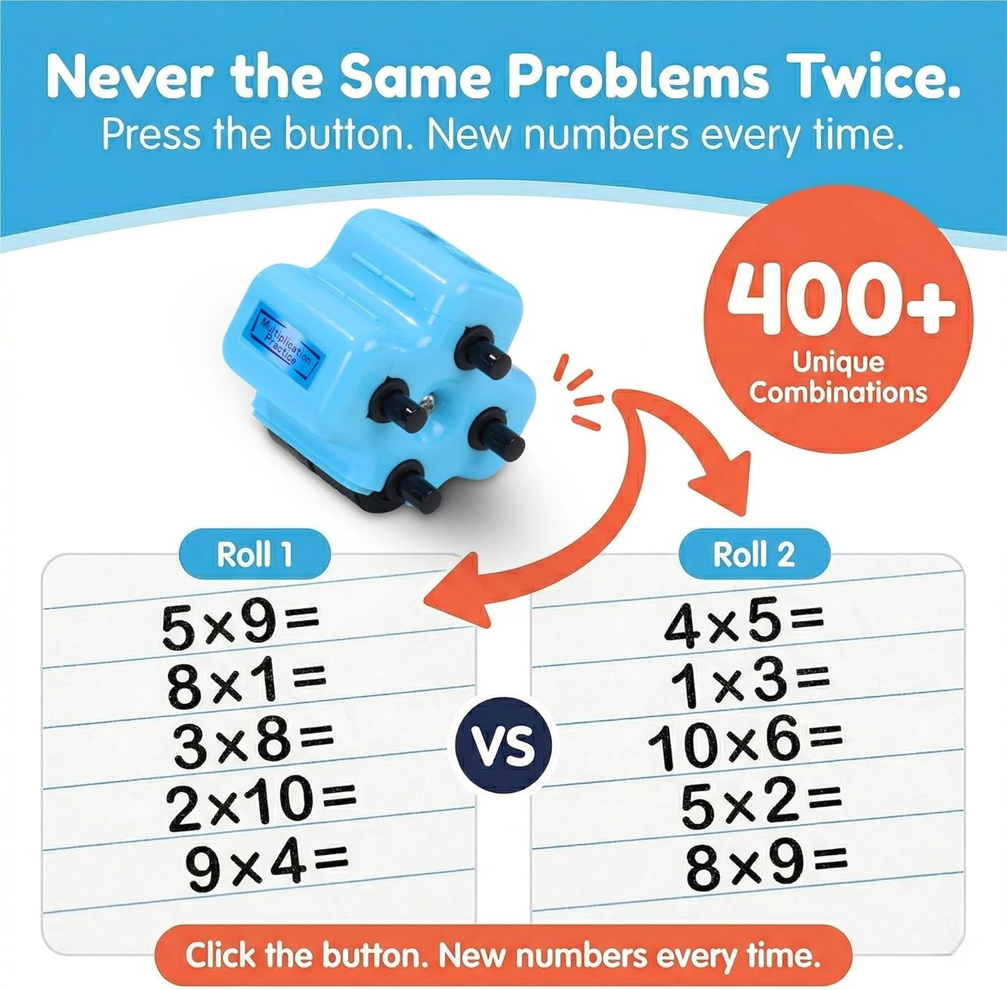 Math Roller Stamp 4-in-1 – Kids Addition, Subtraction & Multiplication Practice Tool (Blue)