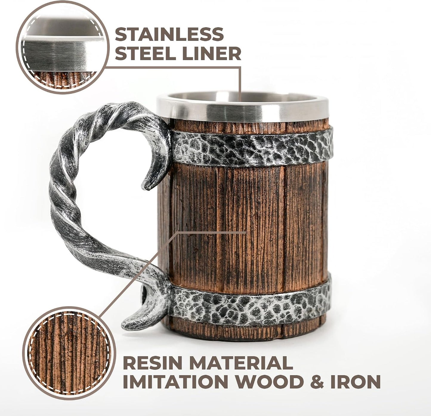 Stainless Steel Beer Tankard 20 oz – Tavern Style Mug with Wood & Iron Look