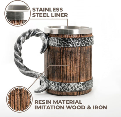 Stainless Steel Beer Tankard 20 oz – Tavern Style Mug with Wood & Iron Look
