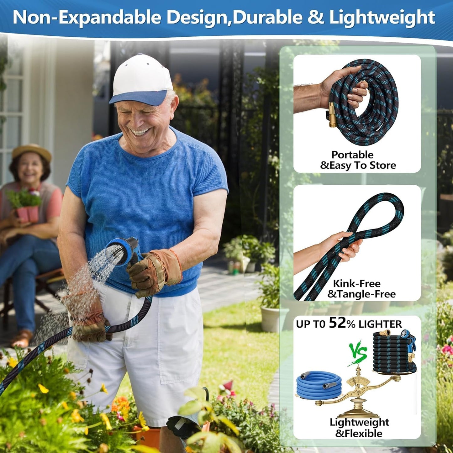 50 FT Non-Expandable Garden Hose – Lightweight Flexible Water Hose with 10-Function Sprayer