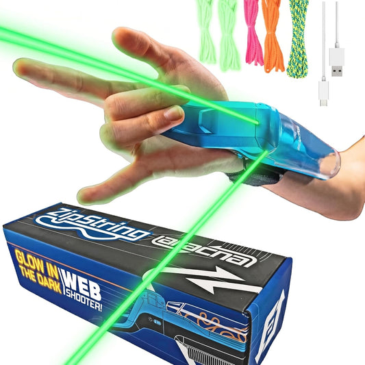 ZipString Aracna glow-in-the-dark webshooter string launcher toy shooting a string loop