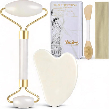 White jade roller and gua sha facial tools set with scrubber and headband