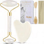 White jade roller and gua sha facial tools set with scrubber and headband