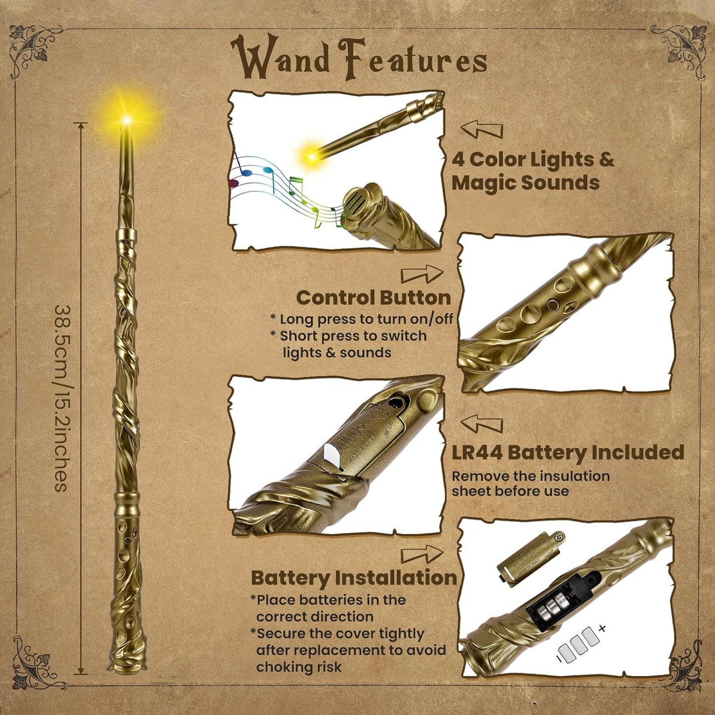 KingVows Light Up Magic Wand with Sound, 2 Pack - Golden