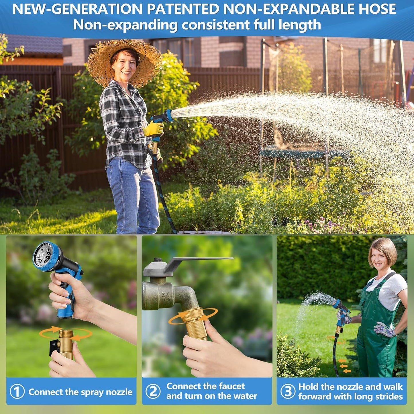 50 FT Non-Expandable Garden Hose – Lightweight Flexible Water Hose with 10-Function Sprayer