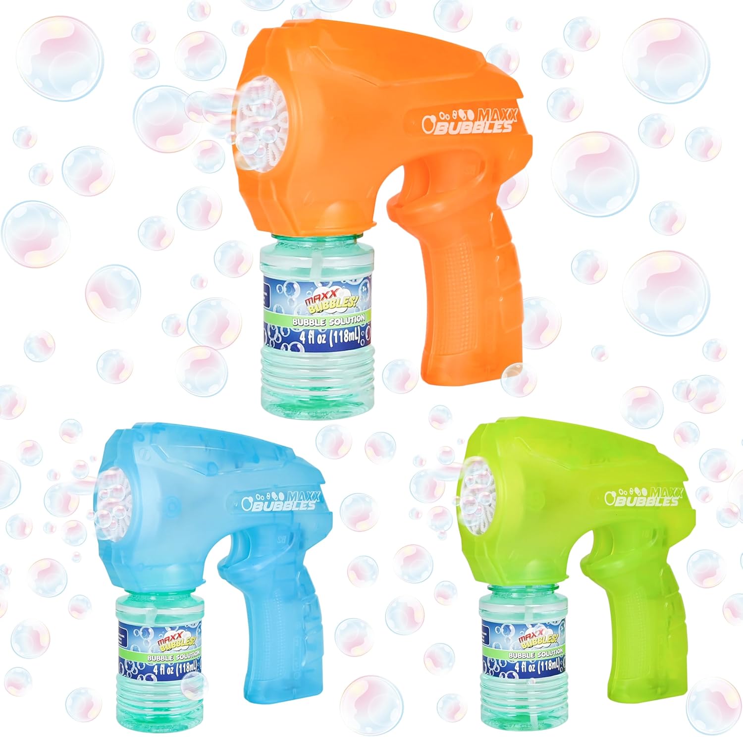 Light-up automatic bubble machine gun blowing a stream of glowing LED bubbles for kids