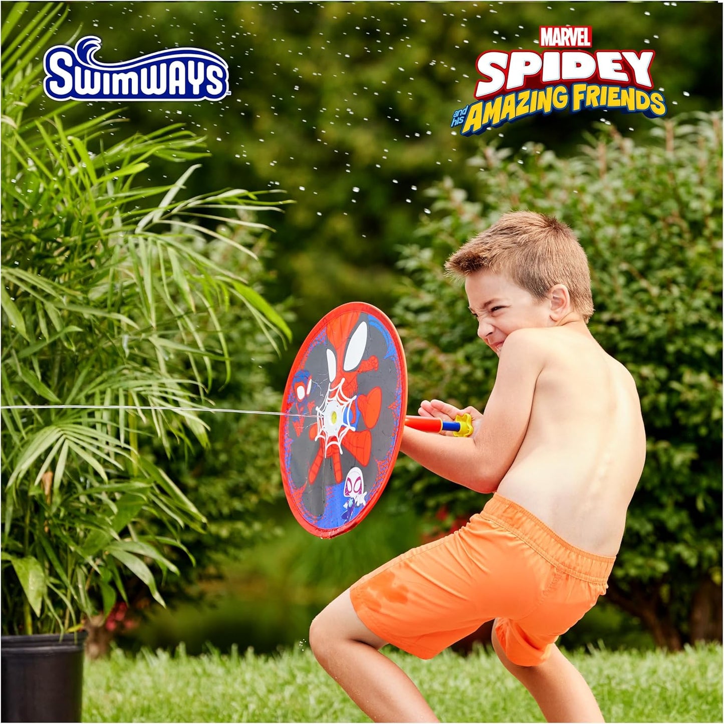 Child blasting water 12 feet with Marvel Spidey Aqua Shield Blaster in pool