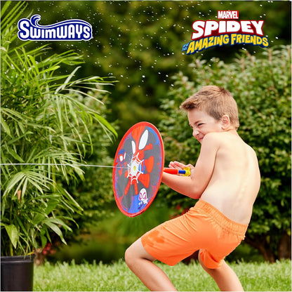 Child blasting water 12 feet with Marvel Spidey Aqua Shield Blaster in pool