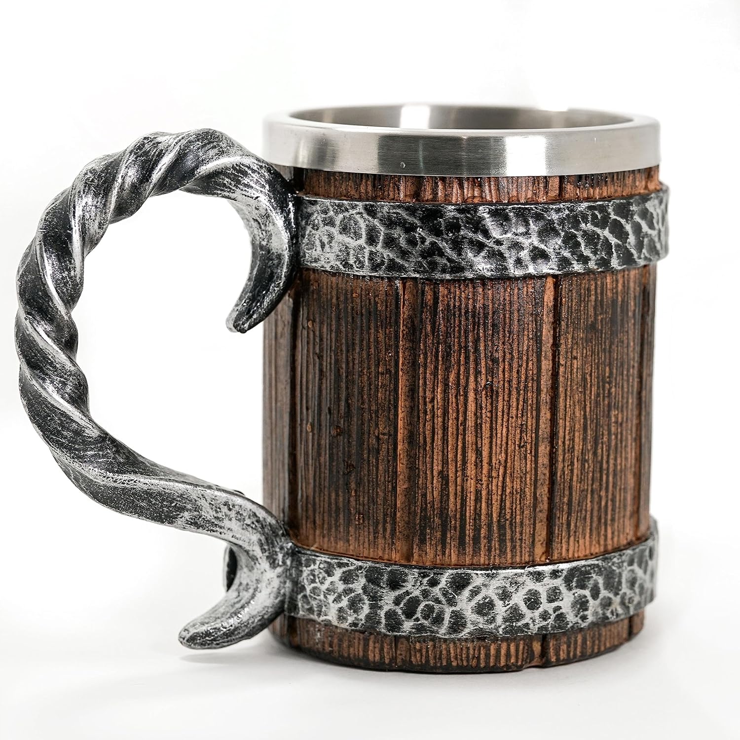Norse Tradesman stainless steel 20 oz beer tankard with imitation wood and iron tavern look