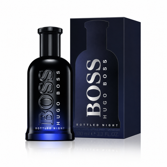 Boss Bottled Night by Hugo Boss for Men 3.3 oz 100ml Eau de Toilette EDT spray bottle with original brand new retail box on a clean white background.