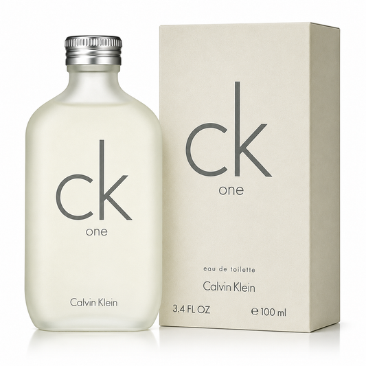 Calvin Klein CK One Eau de Toilette bottle in frosted white glass with a silver cap, shown next to its beige packaging box. The bottle and box feature the prominent 'ck one' logo in dark gray.