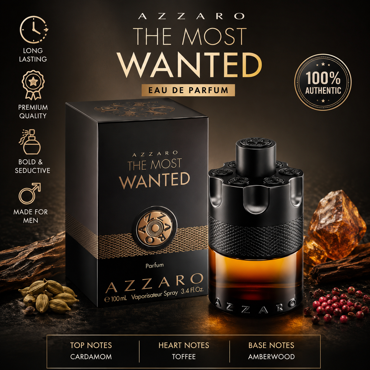 Azzaro The Most Wanted Eau De Parfum bottle and packaging box displayed on a dark brown background with decorative notes, icons, and text highlighting key product features.