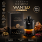 Azzaro The Most Wanted Eau De Parfum bottle and packaging box displayed on a dark brown background with decorative notes, icons, and text highlighting key product features.