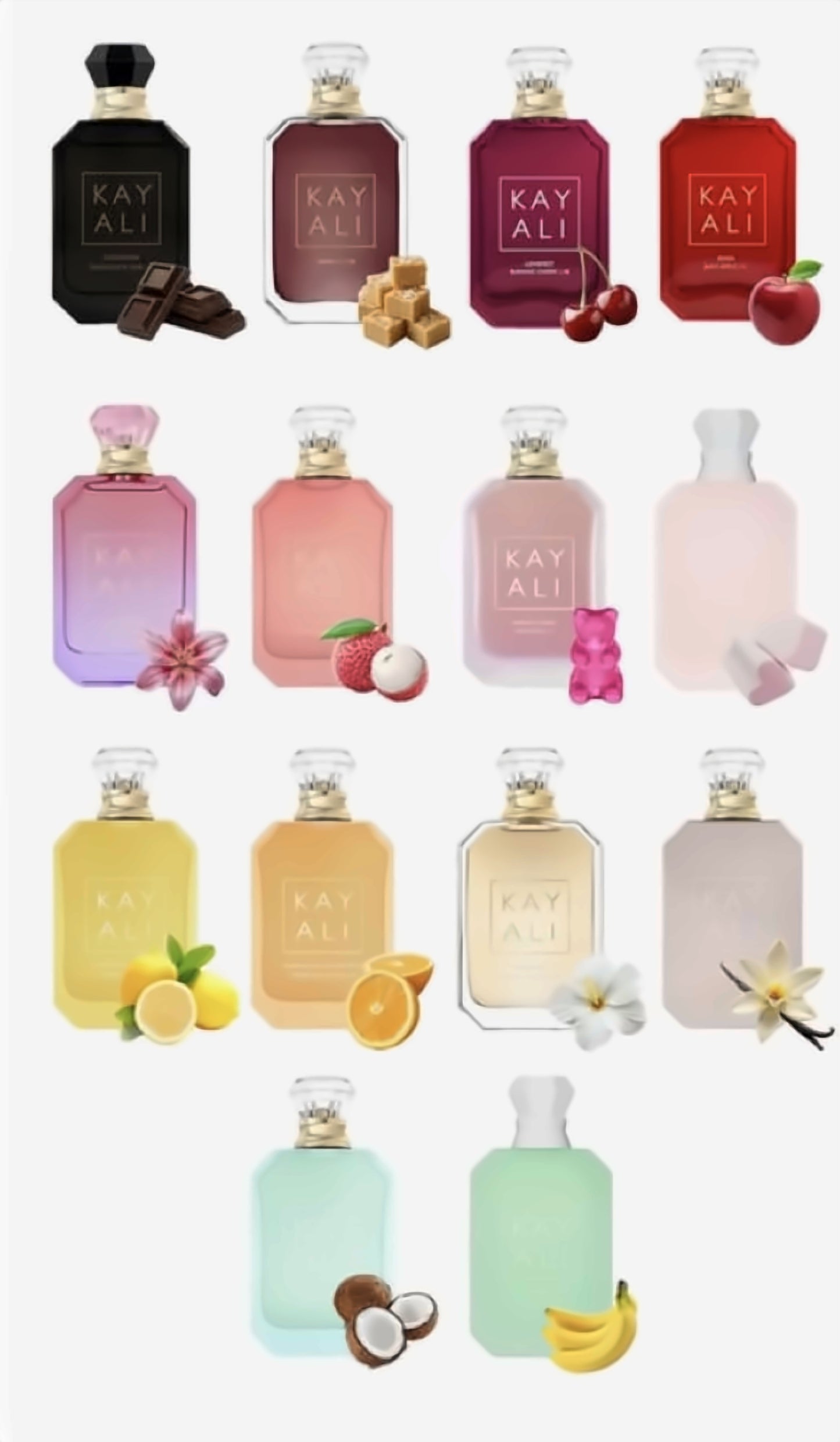 Kayali Eau de Parfum collection 100ml, 9 women's perfume spray bottles including Burning Cherry, Deja Vu and Elixir