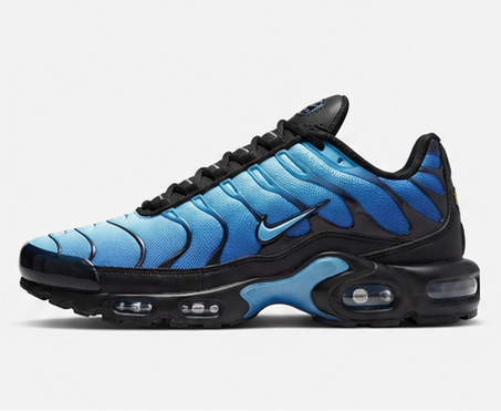 Nike Air Max Plus blue side profile with wavy overlays