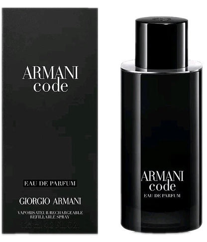 Giorgio Armani Code Eau de Parfum refillable spray bottle next to its black packaging box, featuring white text on a clean white background.