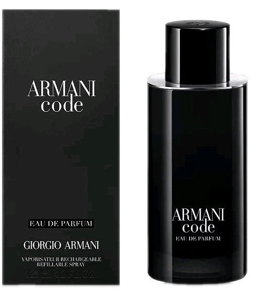 Giorgio Armani Code Eau de Parfum refillable spray bottle next to its black packaging box, featuring white text on a clean white background.