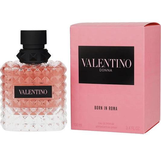 Valentino Donna Born in Roma Eau de Parfum bottle next to its pink packaging box, on a white background.